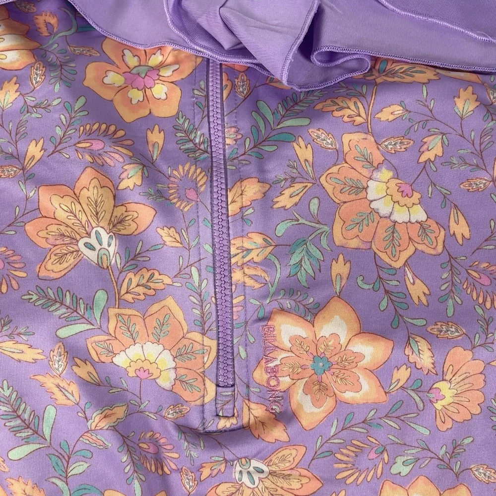 Billabong Girls Purple Floral 2-Piece Swim Set Rash Guard Bodysuit Shorts 14/16
